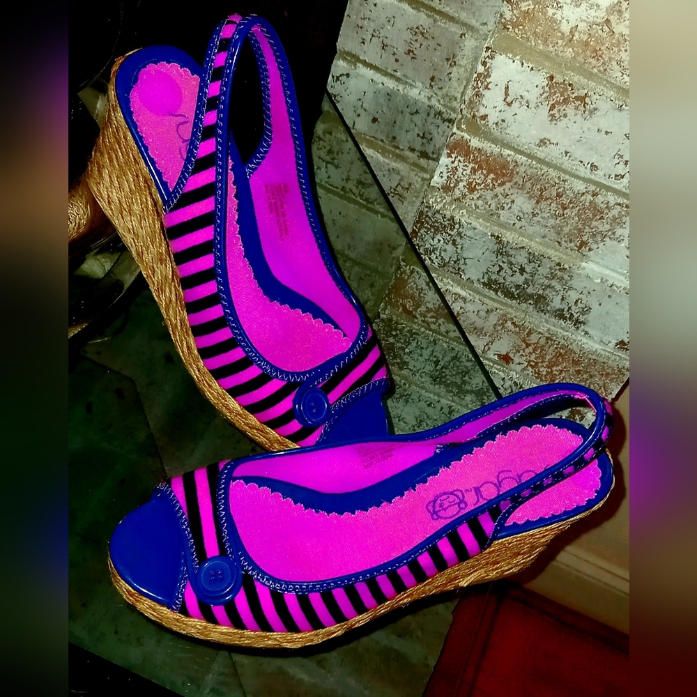Sugar💘 ,Blue and💘 Hot Pink Wedges with Bold Stripes